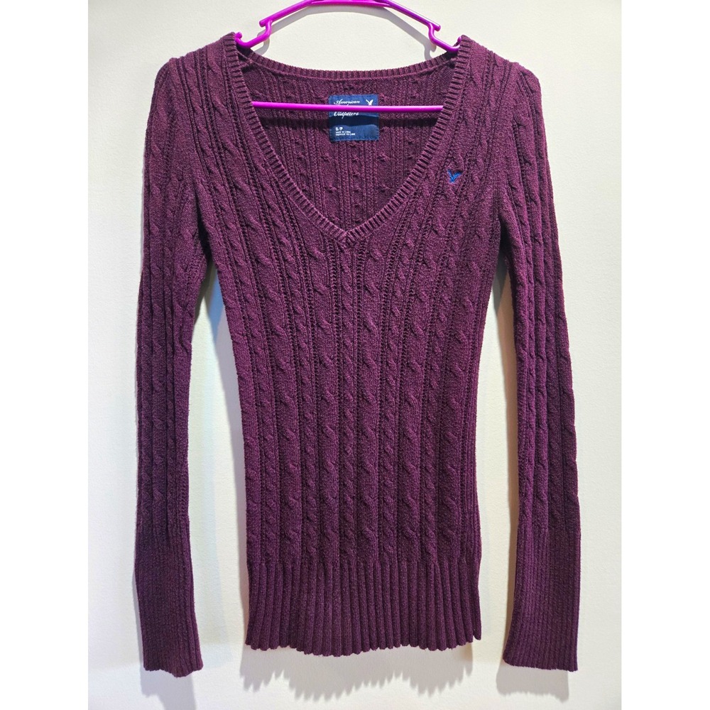 American Eagle Outfitters Burgundy Cable Knit V-Neck Pullover Sweater Womens S